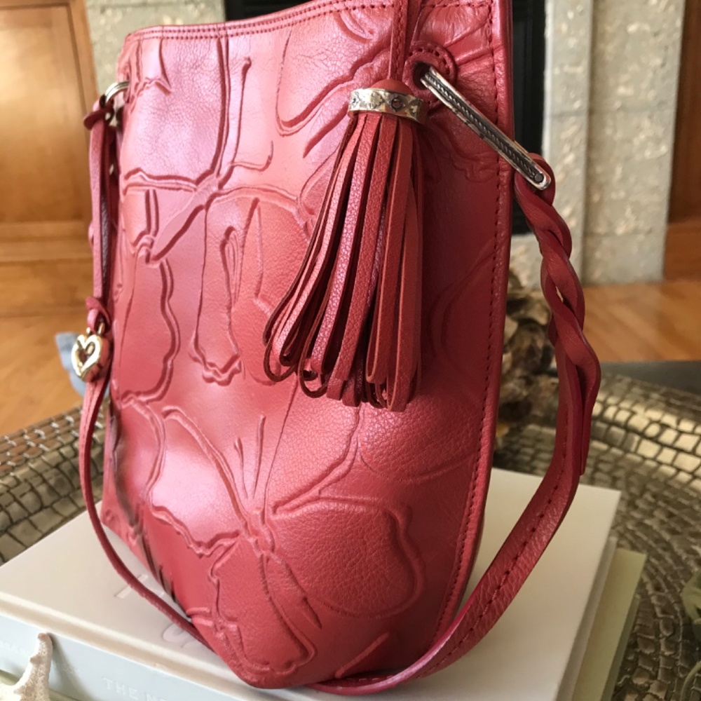 BRIGHTON RED LEATHER EMBOSSED BUTTERFLIES BOHO-CHIC STATEMENT BAG - Picture 8 of 16